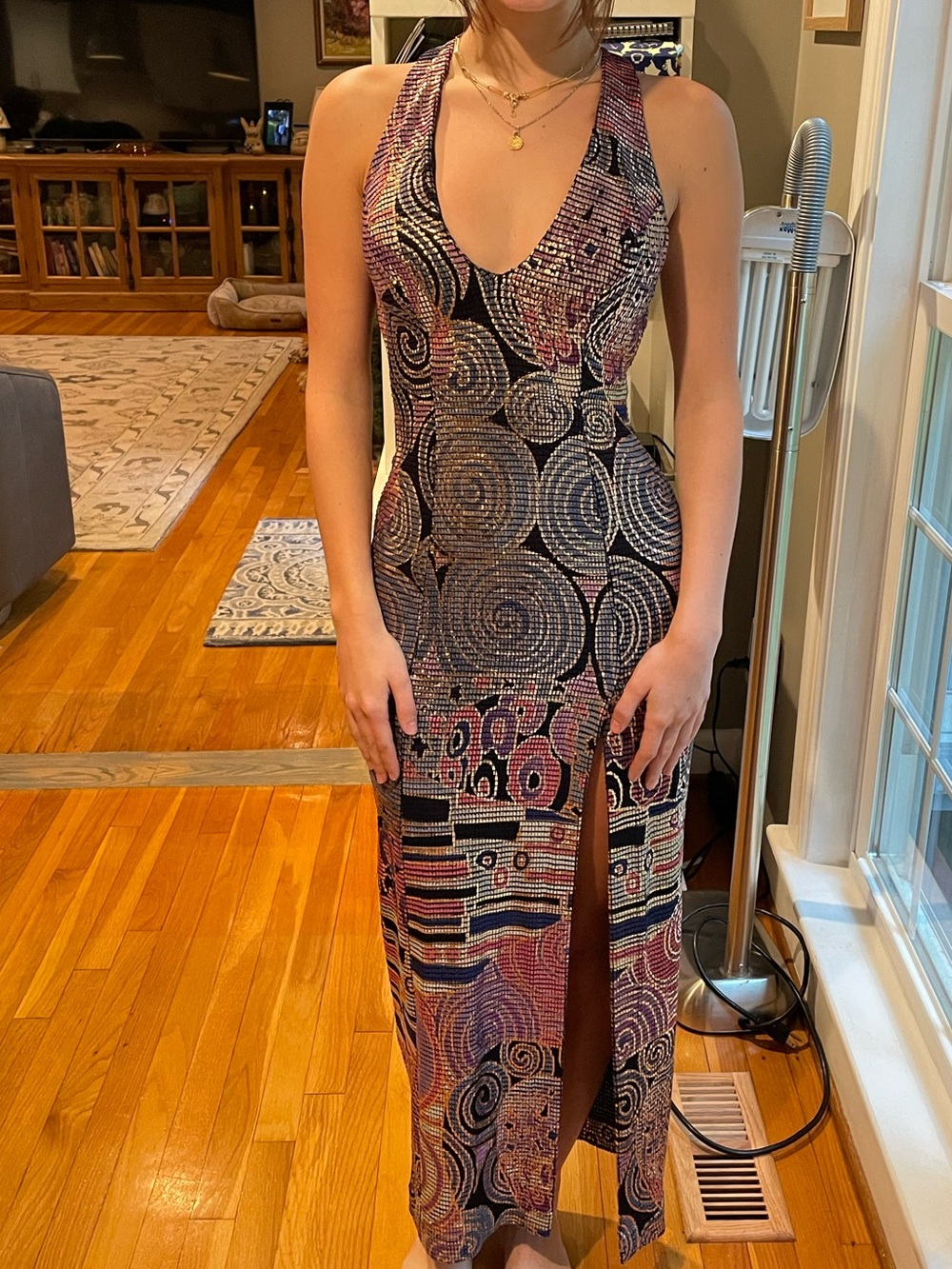 Cache Janine of London Vintage mosaic metallic glam maxi artistic dress.